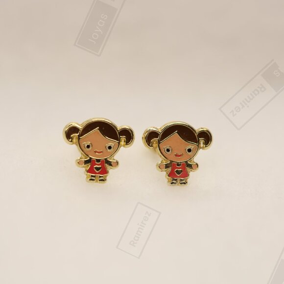 Enamel Girl Stud Earrings For Kids In Solid 14K Gold • Jewelry For Girls. - Picture 10 of 15